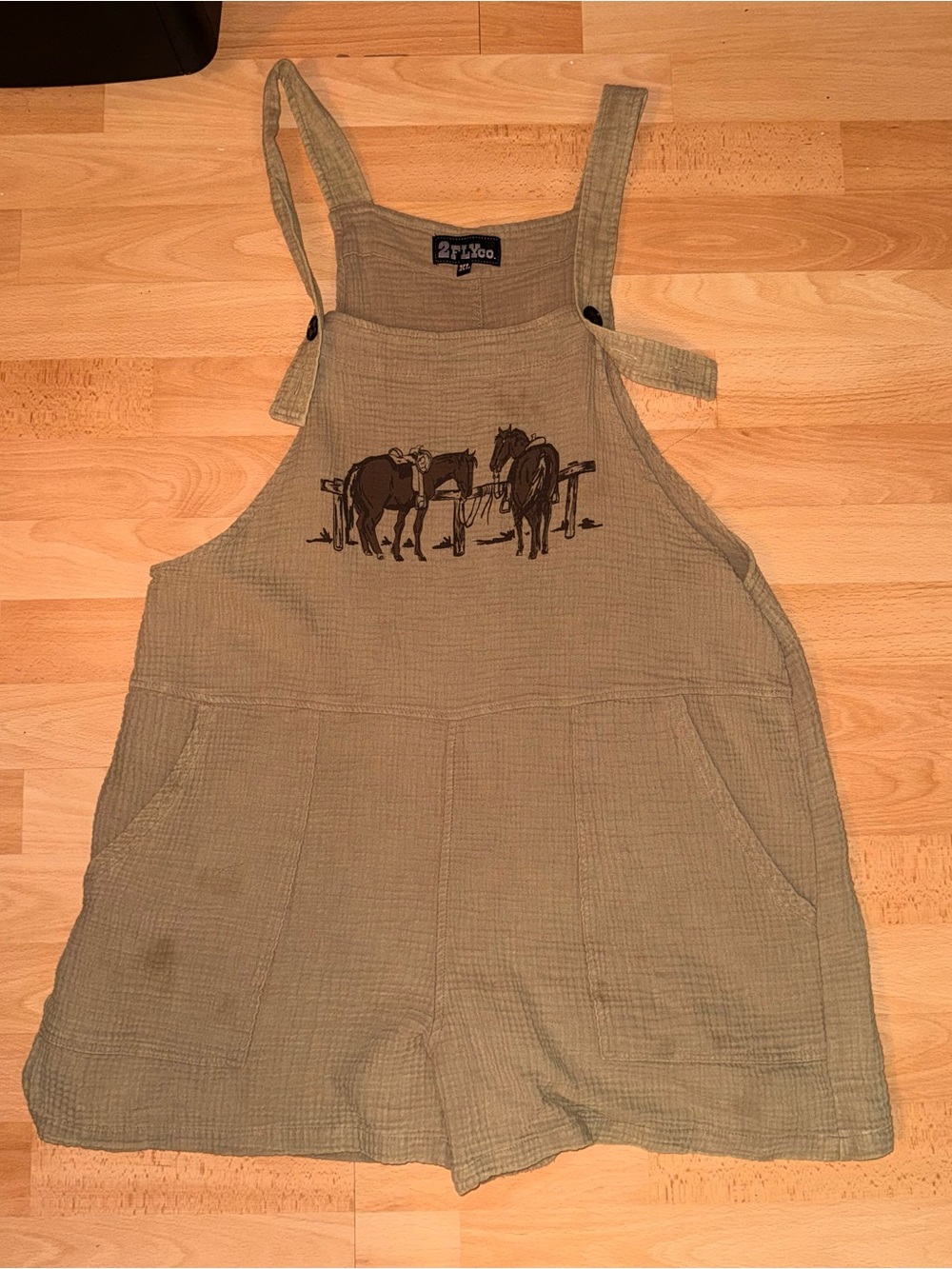 Casual Olive Tan Cotton Romper with Horse Graphic